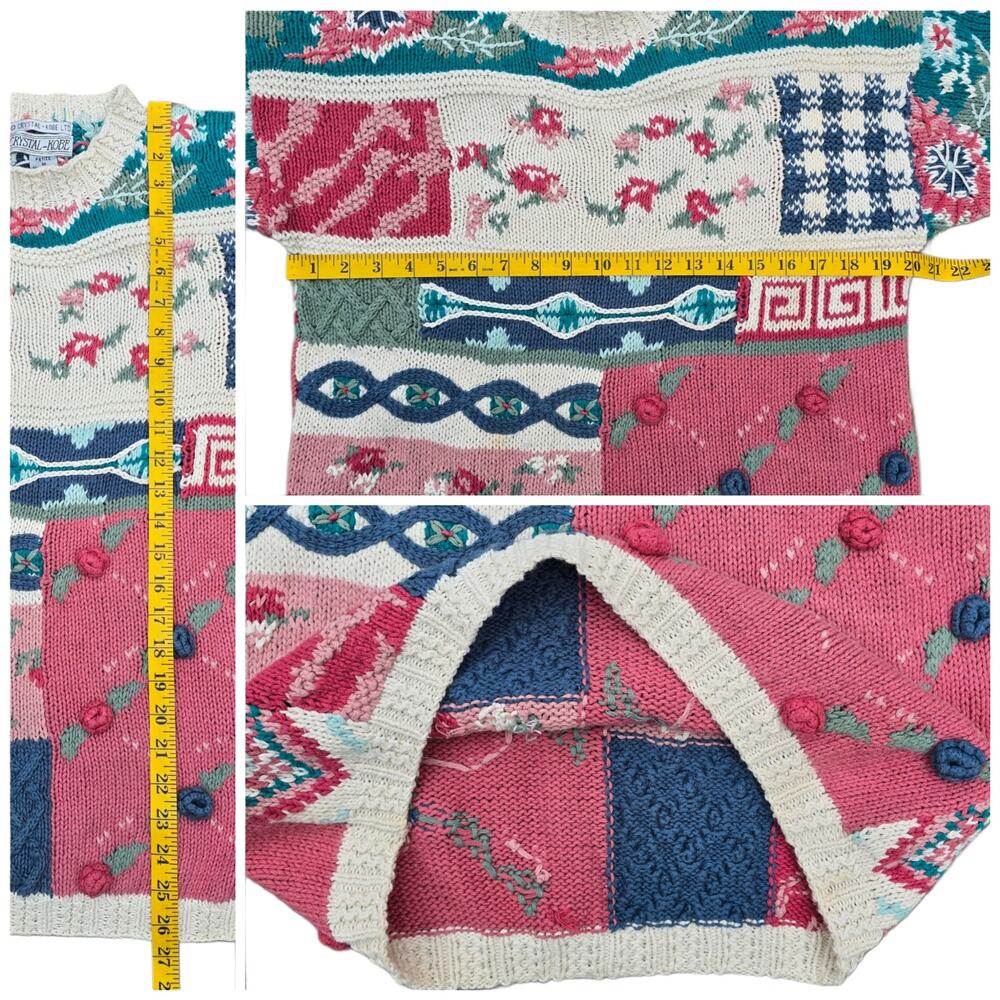 Crystal Kobe Patchwork Sweater Size Petite Med Pink Blue Beige Floral Vintage PM - Picture 7 of 9